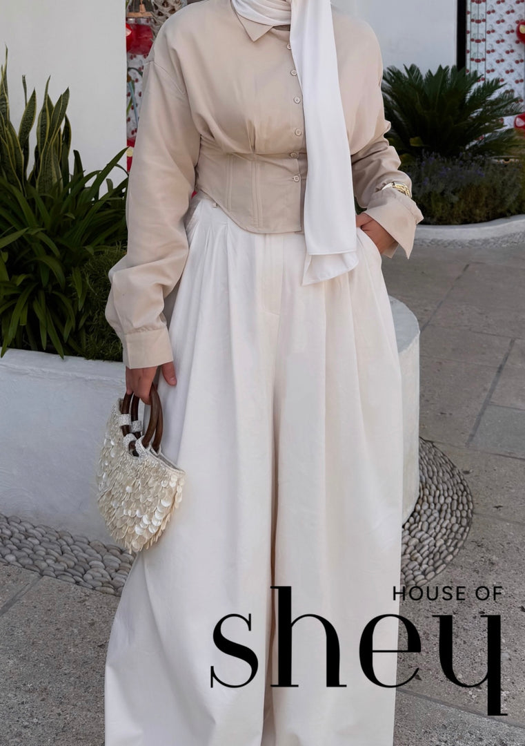 PLEATED WIDE LEG TROUSERS - BEIGE