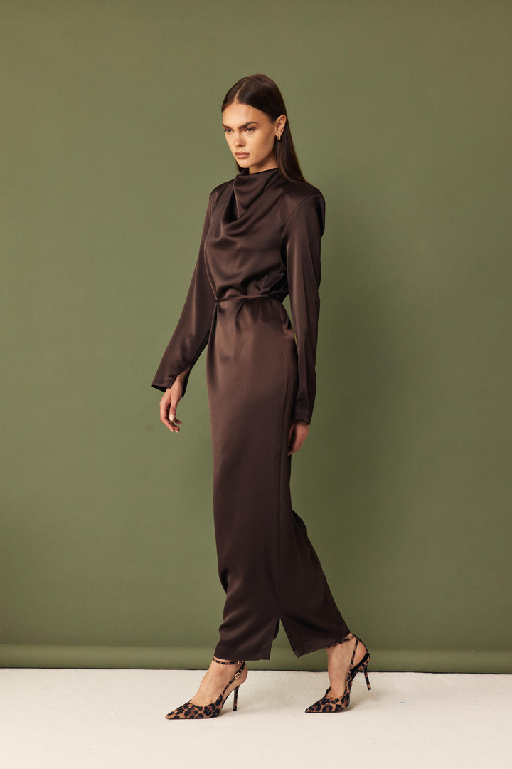 dark brown silk dress Flora Satin Maxi - Chocolate This long silk dress features a small round collar and bias Celeste dress - dark brown