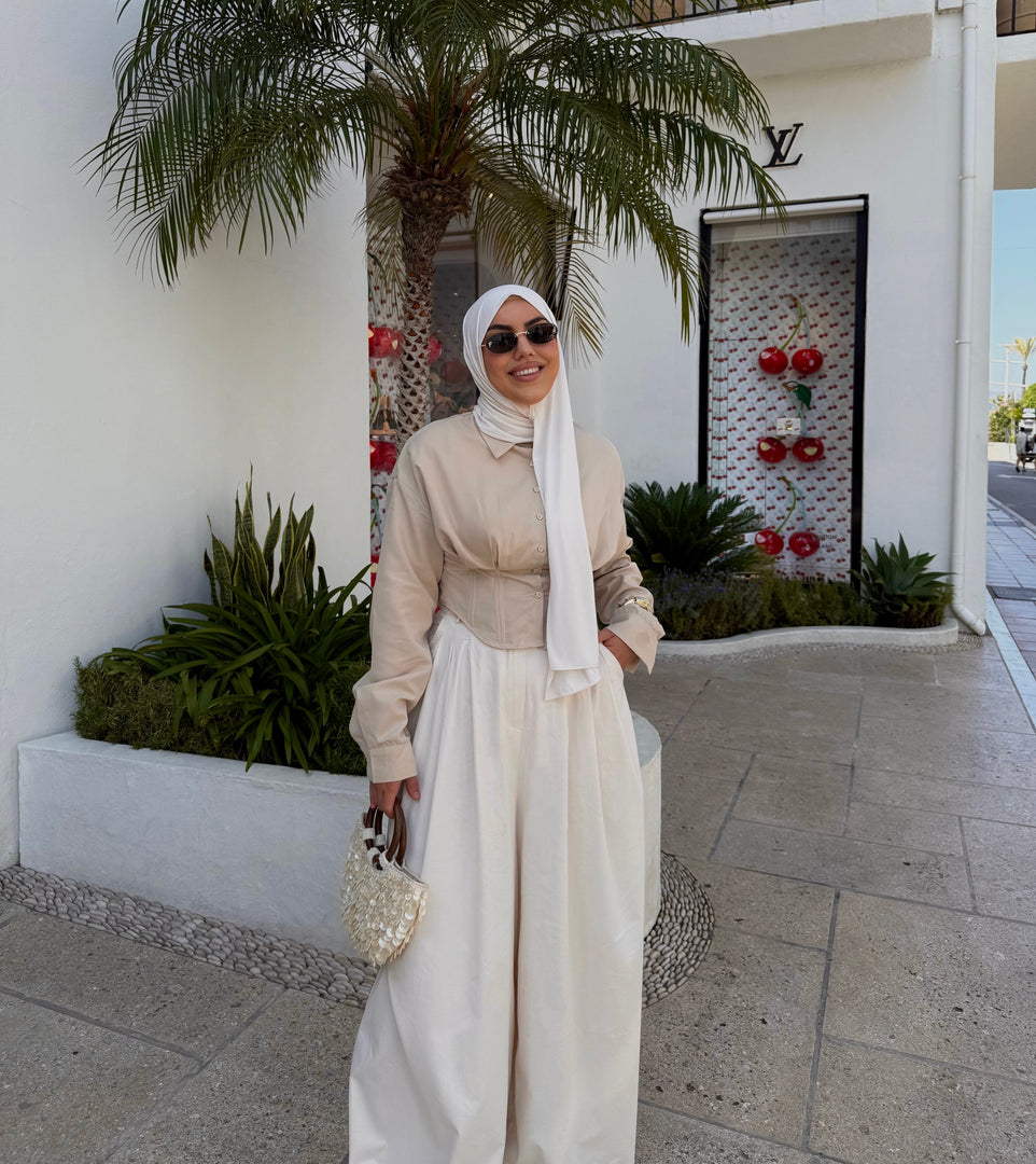 PLEATED WIDE LEG TROUSERS - BEIGE