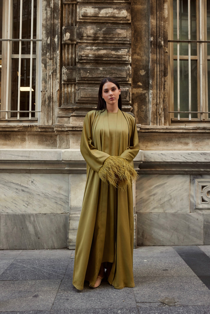 olive green abaya dress Olive Green Embroidered Abaya Set